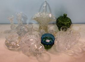 Cut Glass Dish, Pressed Glass Basket, Candlesticks & Mugs