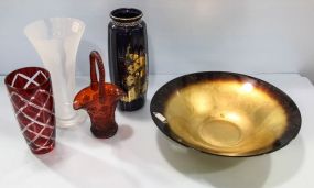 Three Art Glass Vases, Red Basket & Art Glass Bowl