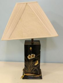 Square Black Lacquer Oriental Flowered Lamp
