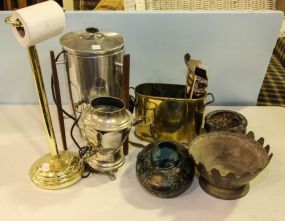 Two Teapots, Brass Match Holder & Three Planters