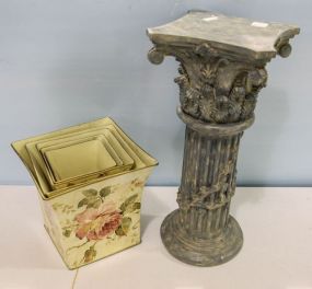 Four Tin Flowered Planters & Resin Small Pedestal