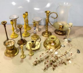 Group of Various Candlesticks & Glass Hanging Basket