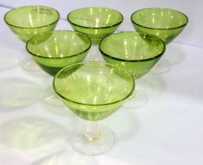 Set of Six Green Etched Glasses