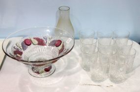 Della Robbia Footed Bowl and Eleven Cut Glass Tumblers 