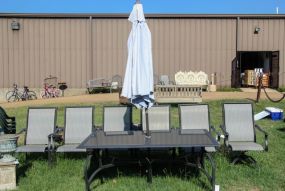 Patio Table, Six Spring Arm Chairs & Umbrella