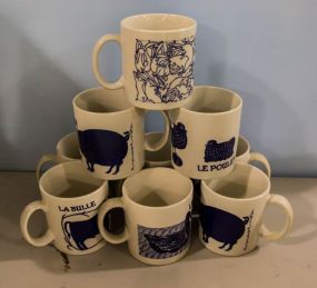 Nine Large Animal Blue and White Mugs