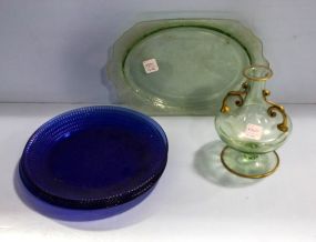 Four Cobalt Plates, Green Depression Glass Tray & Green Vase