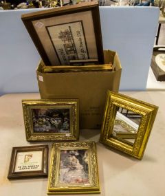 Box Lot of Various Size Pictures, Mirrors and Stitchwork