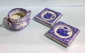 Two Porcelain Trivets & Blue and White Flower Pot