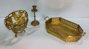 Brass Gallery Tray, Candlestick & Two Brass Centerpiece Frames