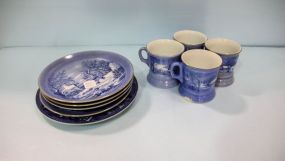 Four Blue and White Mugs, Four Blue and White Season Scene Plates & Courtship Plate