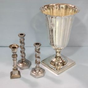 Three Pewter Candlesticks & Large Vase