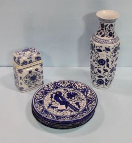 Blue and White Vase, Covered Jar & Five Plates