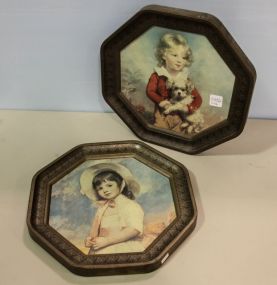 Two Octagon Shaped Tins of Young Girl and Boy