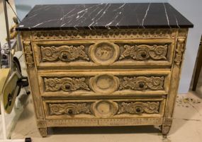 Carved Three Drawer Marble Top Chest