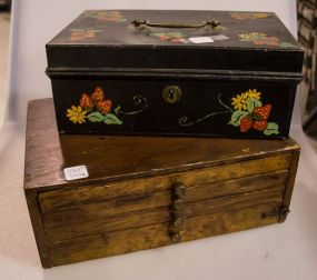 Four Drawer Wood Box & Black Metal Box with Painted Strawberries