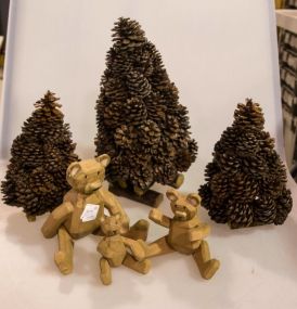 Three Pinecone Trees & Three Wood Carved Bears