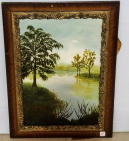 Oil on Board of Trees and Lake in Oak Frame