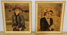 Two Prints on Boards of Woman in White Carved Frames