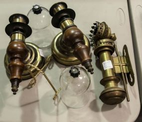 Brass Wall Lamp & Two Brass and Wood Wall Candle Holders