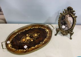 Oval Inlaid Tray & Brass Table Top Mirror