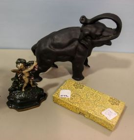 Iron Elephant Bank, Cupid Bookend & Small Mirror