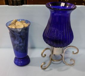 Blue Glass Candle Holders & Blue Vase with Seashells