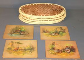 Set of Six Two Color Straw Oval Tablemats and Four Vintage Trivets Description