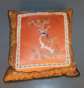 Burnt Orange Satin Pillow with Hand-Stitched Bird Description