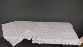 Two Matching White Linen Tablecloths with Cutwork and Embroidery Description