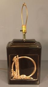 Art Deco Black Porcelain Lamp with Gold Bamboo Design