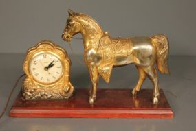 1950 Brass Horse and Clock on Wooden Base in Working Condition