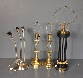 Pair of Brass Lamps, Modern Three Light Lamp and Black Table Lamp