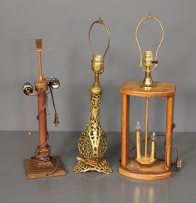 Two Decorative Lamps and a Wooden Lamp with Three Lights