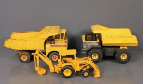 John Deere Tractor and Two Tonka Dump Trucks, All Metal