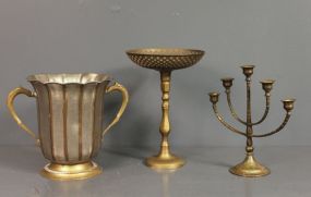 White Metal Vase, Brass Candle Holder and Brass Compote Vintage Early 1900's
