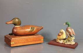 Cedar Duck Box and Mallard Duck Figurine on Wooden Base