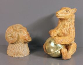 Bear Figurine and Wood Carved Ram Figurine