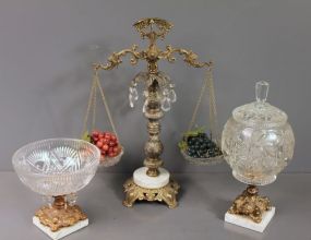 Made in Germany Fruit Scale Decoration with Marble Base and Two Glass Dishes with Marble Bases
