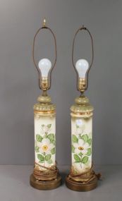 Pair of Vintage 1940's Porcelain Lamps with Hand Painted Magnolia Design