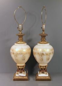 Pair of Hand Painted Two Toned Glass Lamps on Stand