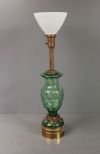 Green Cut Leaded Glass Lamp with Milk Glass Shade