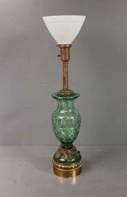 Green Cut Leaded Glass Lamp with Milk Glass Shade