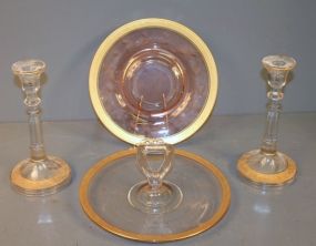 Cookie Platter, Two Candle Holders and Gold Trim Amber Colored Glass Plate
