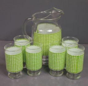 Checkered Design Water Pitcher and Six Matching Glasses