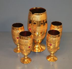 Painted Gold Glass Water Pitcher and Glass Set