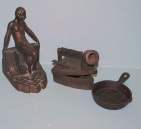 Two Iron Pieces and Brass Lady Figurine