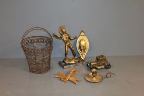 Wire Basket, 2 Brass Candle Sticks, and an Old Car Bank