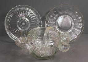 Punch Bowl with Five Cups and Two Large Glass Platters
