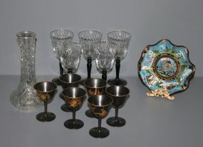 Vase Six Small Black Laquer Wooden Cups, Worlds Fair Plate, etc
